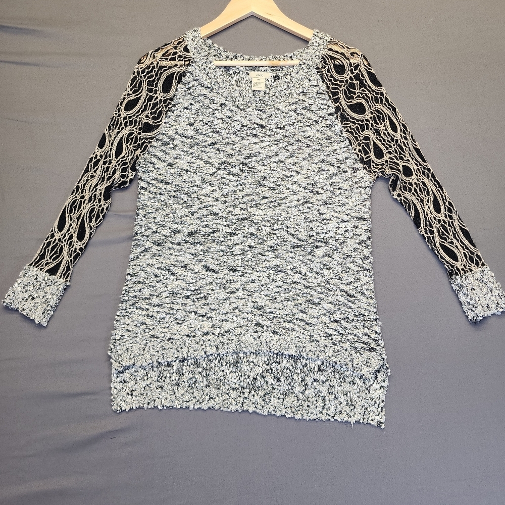 Escio Black White Boucle Knit Sweater Lace Raglan Long Sleeve‎ Top Womens Medium